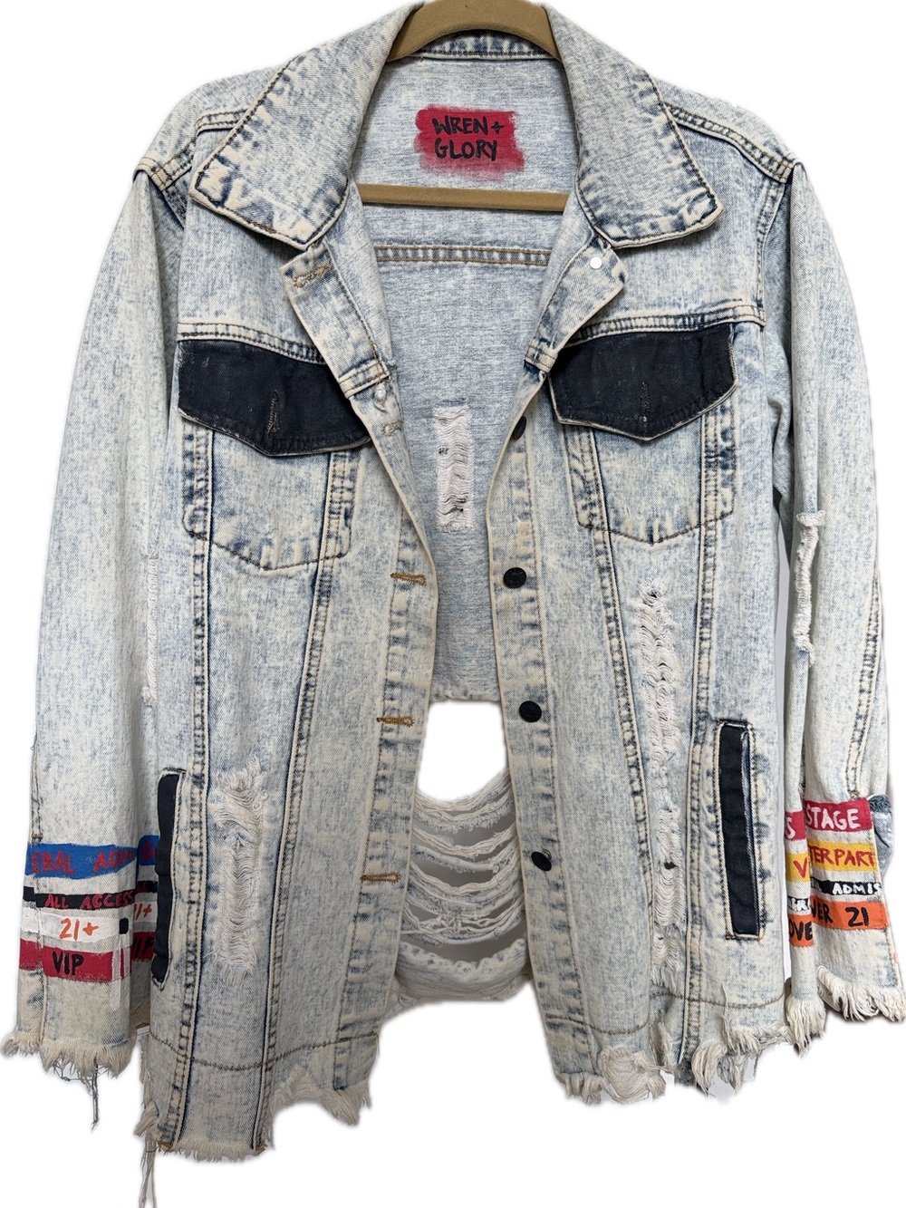 1 of a kind Wren+Glory Distressed Light Wash Denim Jacket - Light Blue ONE SIZE